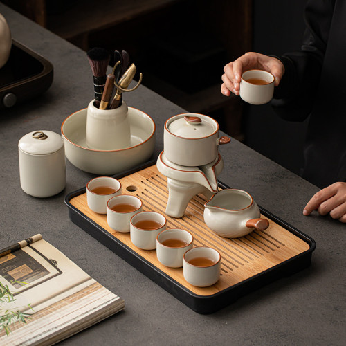 汝窰茶具套裝家用辦公石磨懶人自動泡茶神器功夫茶杯茶盤整套茶具