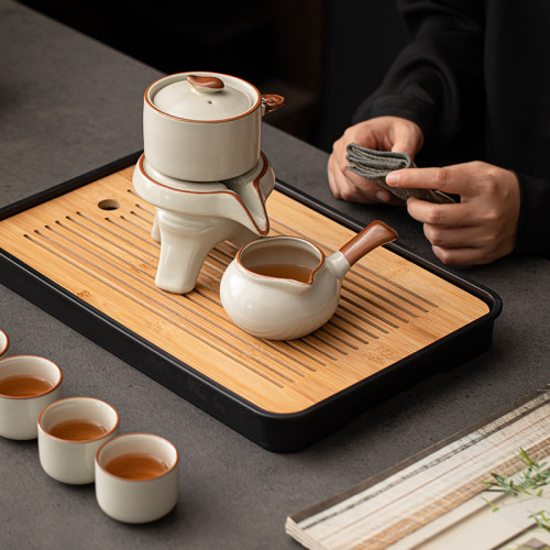汝窰茶具套裝家用辦公石磨懶人自動泡茶神器功夫茶杯茶盤整套茶具