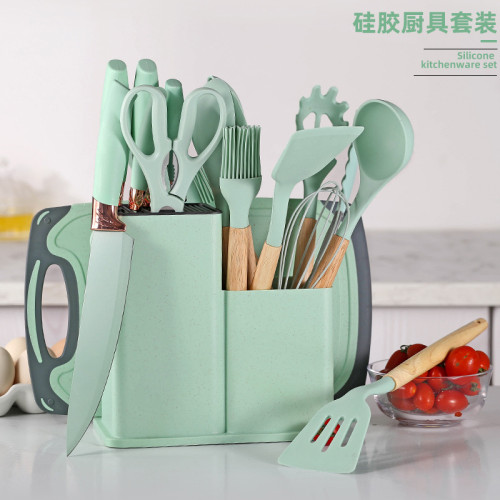1900g矽膠廚具19件套不沾鍋烹飪鏟勺帶收納桶刀具組合套