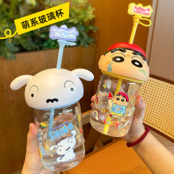 蠟筆小新玻璃杯正版授權兒童夏季學生高顔值水杯卡通公仔頭吸管杯