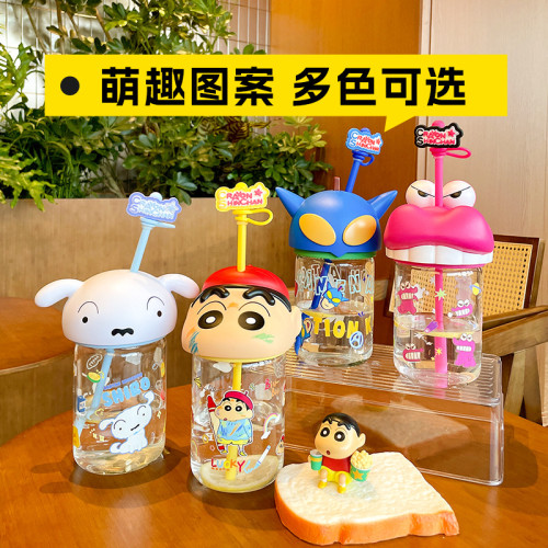 蠟筆小新玻璃杯正版授權兒童夏季學生高顔值水杯卡通公仔頭吸管杯