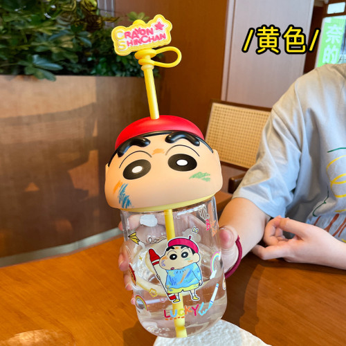 蠟筆小新玻璃杯正版授權兒童夏季學生高顔值水杯卡通公仔頭吸管杯
