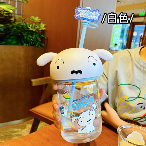蠟筆小新玻璃杯正版授權兒童夏季學生高顔值水杯卡通公仔頭吸管杯