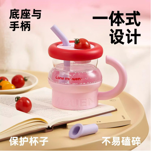 覽萌Lane Mouen玻璃吸管杯大容量女高顔值水杯喵喵杯高硼矽泡茶杯