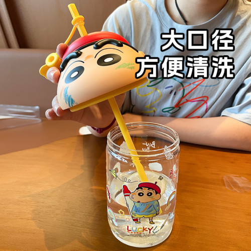 三福蠟筆小新玻璃杯女生高顔值水杯夏天卡通可愛吸管杯子學生禮物