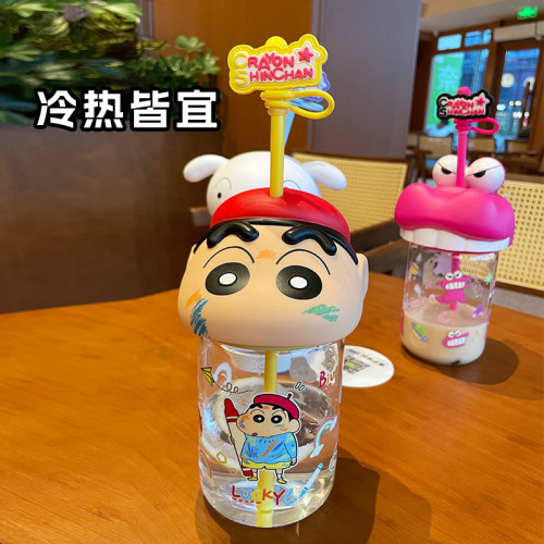 三福蠟筆小新玻璃杯女生高顔值水杯夏天卡通可愛吸管杯子學生禮物