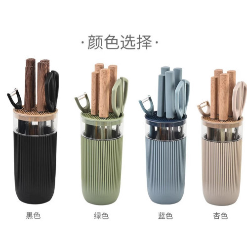 不鏽鋼刀具套裝廚房菜刀剪組合不鏽鋼廚師刀圓桶刀座七件套
