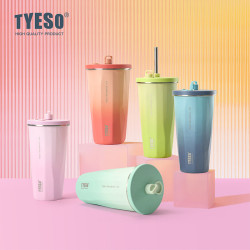 tyeso新款泰碩咖啡杯保溫杯菱形吸管水杯女生高顔值大容量車用杯