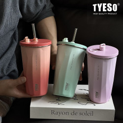 TYESO泰碩漸變咖啡杯菱形吸管保溫杯車用高顔值可攜式隨行冰霸水杯