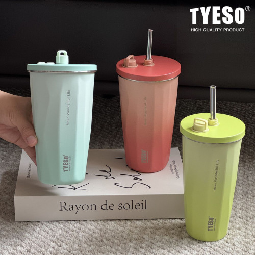 TYESO泰碩漸變咖啡杯菱形吸管保溫杯車用高顔值可攜式隨行冰霸水杯