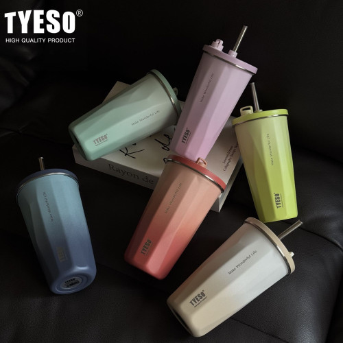 TYESO泰碩漸變咖啡杯菱形吸管保溫杯車用高顔值可攜式隨行冰霸水杯