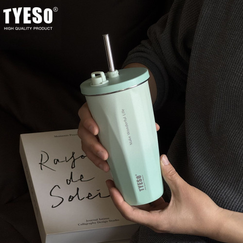 TYESO泰碩漸變咖啡杯菱形吸管保溫杯車用高顔值可攜式隨行冰霸水杯
