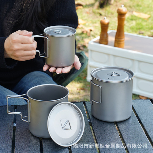 純鈦杯子戶外精緻露營可攜式水杯純鈦金屬茶杯帶蓋折曡手柄馬克鈦杯