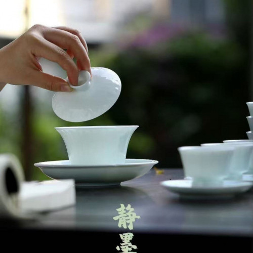 仿宋湖田窰影青瓷蓮瓣陶瓷功夫茶具蓋碗茶杯整套商業茶具禮品套組
