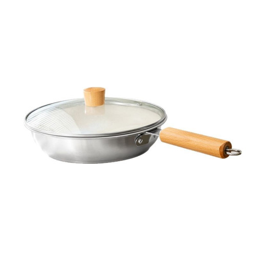 網紅麥飯石加厚煎鍋家用廚房炒鍋木柄平底炒菜鍋帶蓋不沾煎鍋