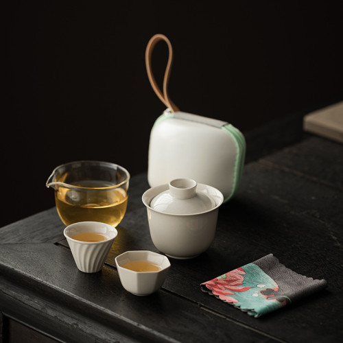 草木灰旅行茶具套裝陶瓷快客杯可攜式戶外露營茶具功夫茶具一壺二杯
