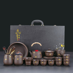 描金紫砂提梁壺功夫茶具高檔禮盒泡茶專用茶具套裝復古整套泡茶器