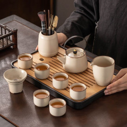 米黃汝窰功夫茶具套裝家用陶瓷茶壺蓋碗茶杯茶盤輕奢高檔中式