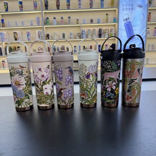 750ml新款陶瓷塗層不鏽鋼旅行咖啡杯帶提手保溫杯咖啡杯可攜式水杯