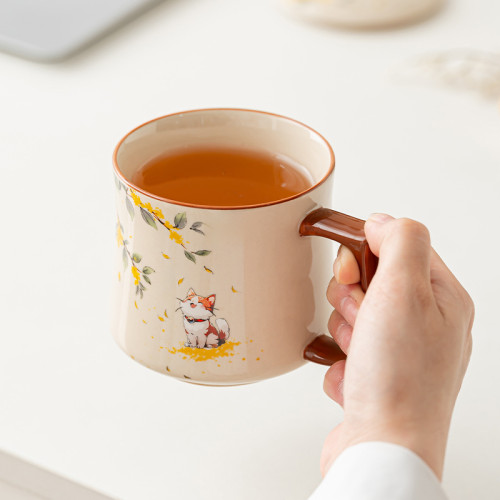 桂花貓杯子草木灰陶瓷茶杯泡茶水杯陶瓷杯帶蓋馬克杯禮盒杯子