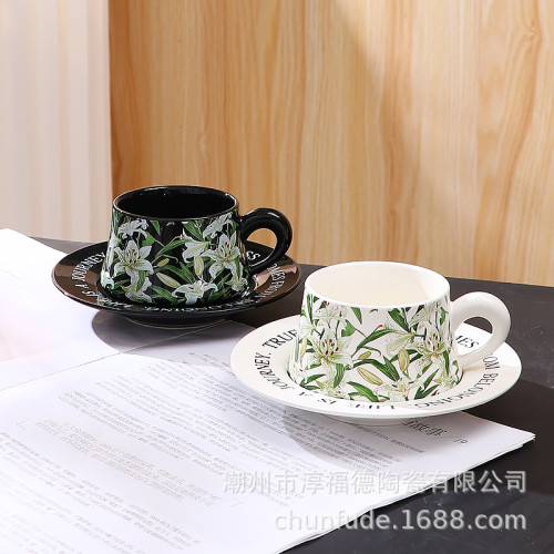 禮品伴手禮百合花設計師合作款原創活動禮物復古陶瓷杯咖啡杯碟