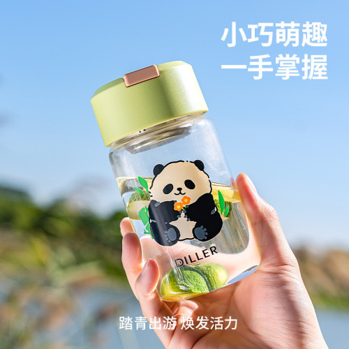 xj卡通熊貓塑膠杯大口徑直飲水杯學生女戶外隨身杯帶茶隔水杯子