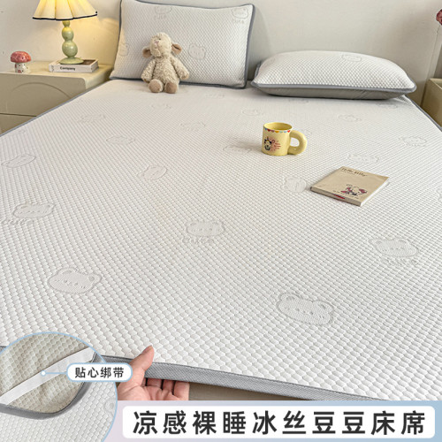 夏季冰絲涼豆豆涼蓆三件套可折曡榻榻米床墊夾棉床蓋床單人床褥