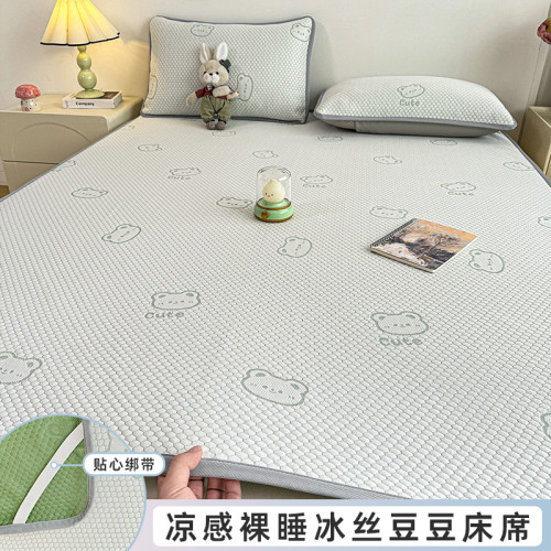 夏季冰絲涼豆豆涼蓆三件套可折曡榻榻米床墊夾棉床蓋床單人床褥