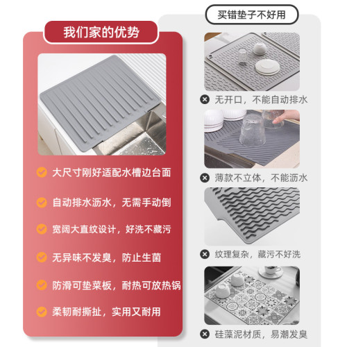大號矽膠瀝水墊開口排水墊廚房台面碗筷乾燥墊水槽導流墊晾碗濾水