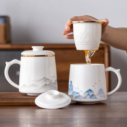 羊脂玉茶杯陶瓷茶水分離辦公杯國潮文創水杯年會商務伴手禮