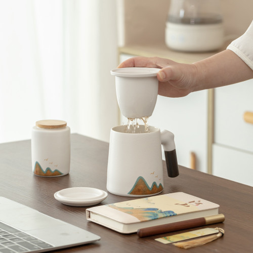遠山馬克杯陶瓷辦公水杯帶過濾茶水分離商務活動伴手禮品