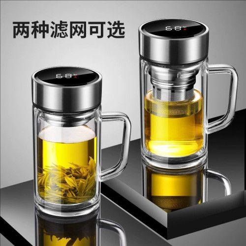 智能測溫大容量帶手柄玻璃杯茶水分離泡茶杯子防燙隔熱辦公室水杯
