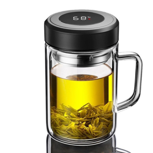 智能測溫大容量帶手柄玻璃杯茶水分離泡茶杯子防燙隔熱辦公室水杯