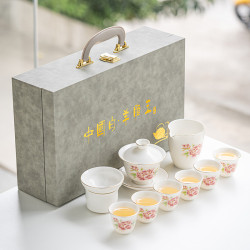 羊脂玉白瓷茶具套裝全套功夫茶具蓋碗茶杯旅行茶具禮品印