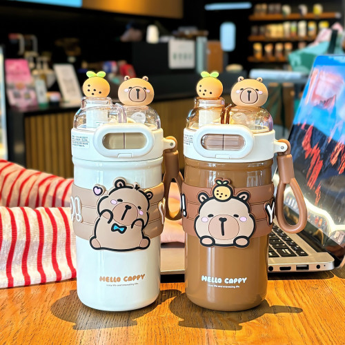 卡皮巴拉2025新款保溫杯高顔值水杯帶吸管杯子可愛雙飲女學生可攜式