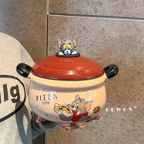 貓和老鼠雙耳泡麵碗帶蓋宿舍用學生陶瓷大湯面碗家用可愛生日禮物