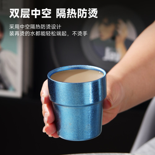 純鈦咖啡杯雙層中空隔熱防燙大口徑飲水杯輕奢高級感家用飲料杯