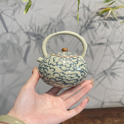 驚蟄 米黃汝窰提梁壺復古祥雲茶壺家用陶瓷泡茶器青花功夫茶具