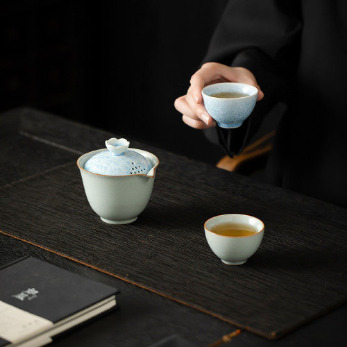 宋樸蘇敭爗大師汝窰藍色結晶釉快客杯一壺二杯戶外可攜式旅行定