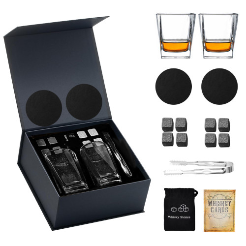爆款 威士忌玻璃酒杯套裝2杯8石木盒 花崗巖冰石套裝多款酒杯