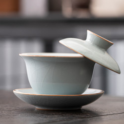 汝窰三才蓋碗可懸停泡茶碗單個不燙手茶功夫茶具高家用陶瓷茶杯檔