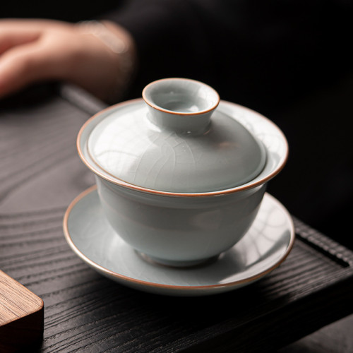 汝窰三才蓋碗可懸停泡茶碗單個不燙手茶功夫茶具高家用陶瓷茶杯檔