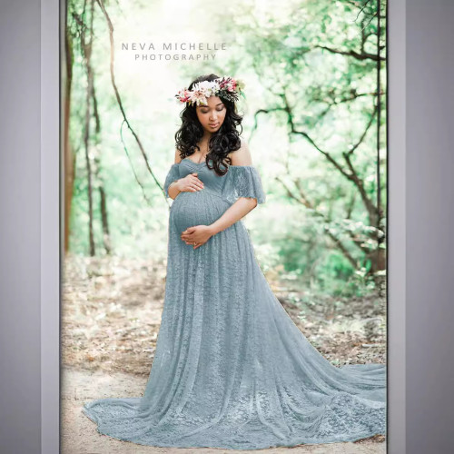 歐美女裝蕾絲孕婦拖尾短袖連衣長裙攝影飛飛袖連衣裙8919（特價品
