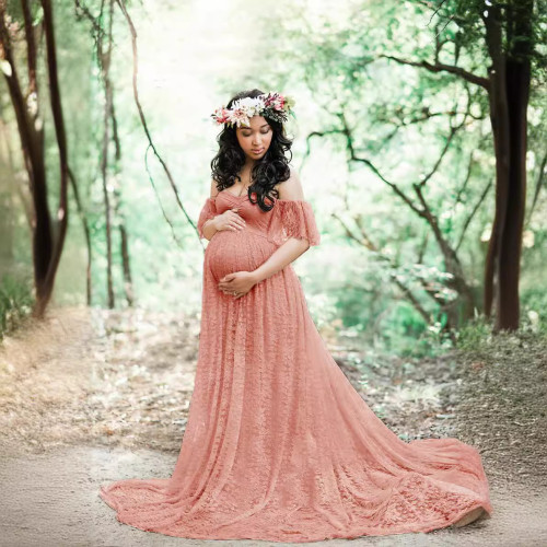 歐美女裝蕾絲孕婦拖尾短袖連衣長裙攝影飛飛袖連衣裙8919（特價品