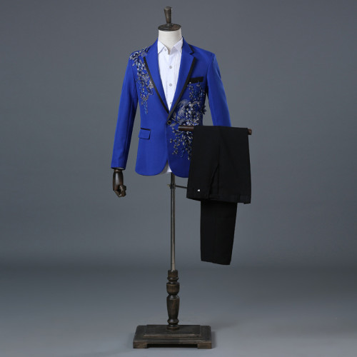 男歌手夜店舞台演出服主持西裝套裝酒吧禮服立體雙邊鑲花鑲鑽西服