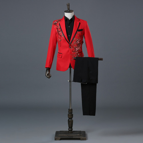 男歌手夜店舞台演出服主持西裝套裝酒吧禮服立體雙邊鑲花鑲鑽西服