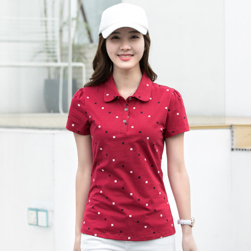 2025新款短袖T恤女春夏翻領印花百搭polo衫休閒翻領女士上衣2010