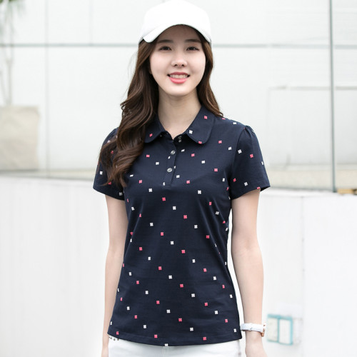 2025新款短袖T恤女春夏翻領印花百搭polo衫休閒翻領女士上衣2010