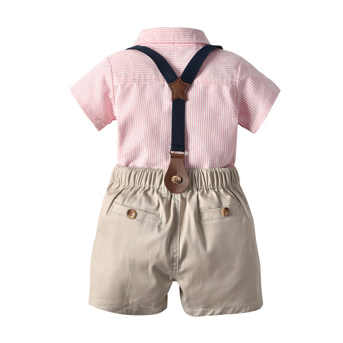 韓版童裝夏季新款男童襯衫紳士套裝背帶褲六一表演服男童周嵗禮服