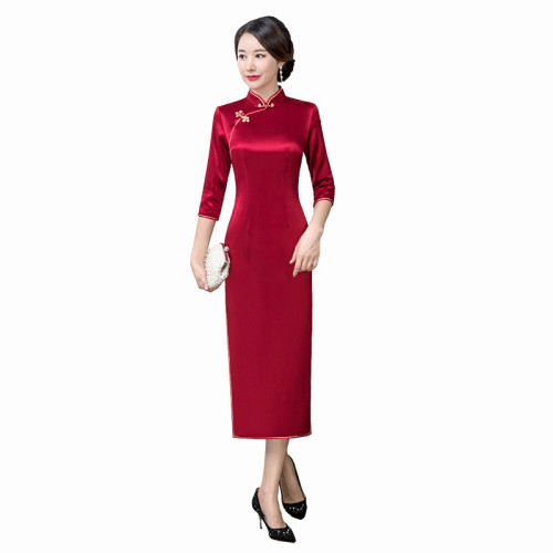 鴻韻綉醋酸新款旗袍連衣裙改良修身復古七分袖長款女結婚敬酒大碼